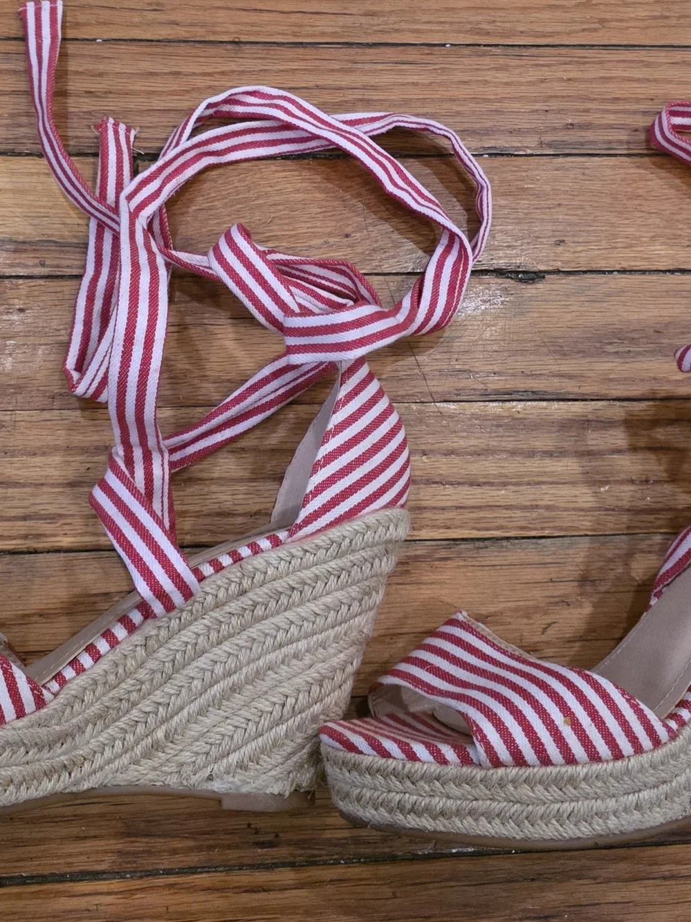 Striped Red & White Tie-Ankle Espadrilles